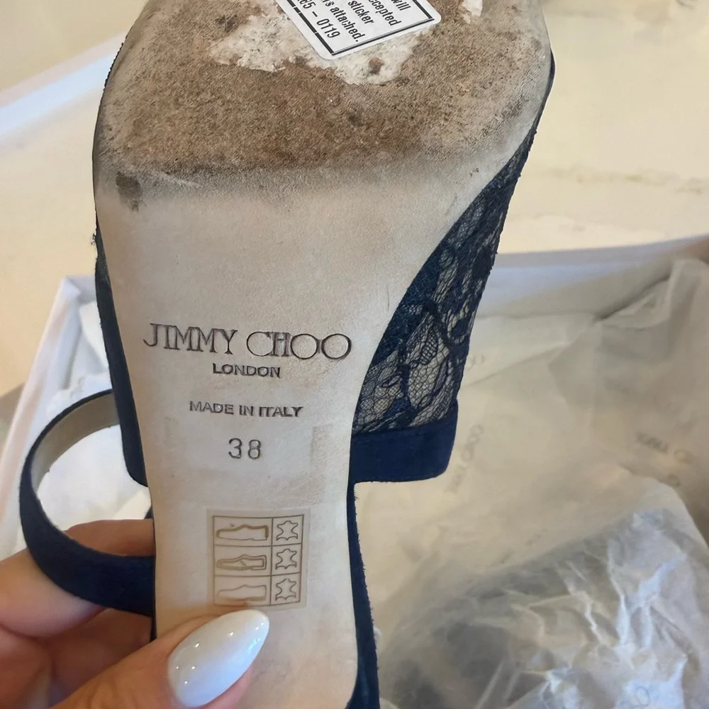 Jimmy Choo Navy Lace Suede Crisscross Heels